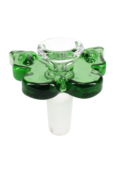 Green butterfly 14.5 mm male bong bowl, clear cup with frosted joint and sculpted wings for comfortable handling, studio shot.