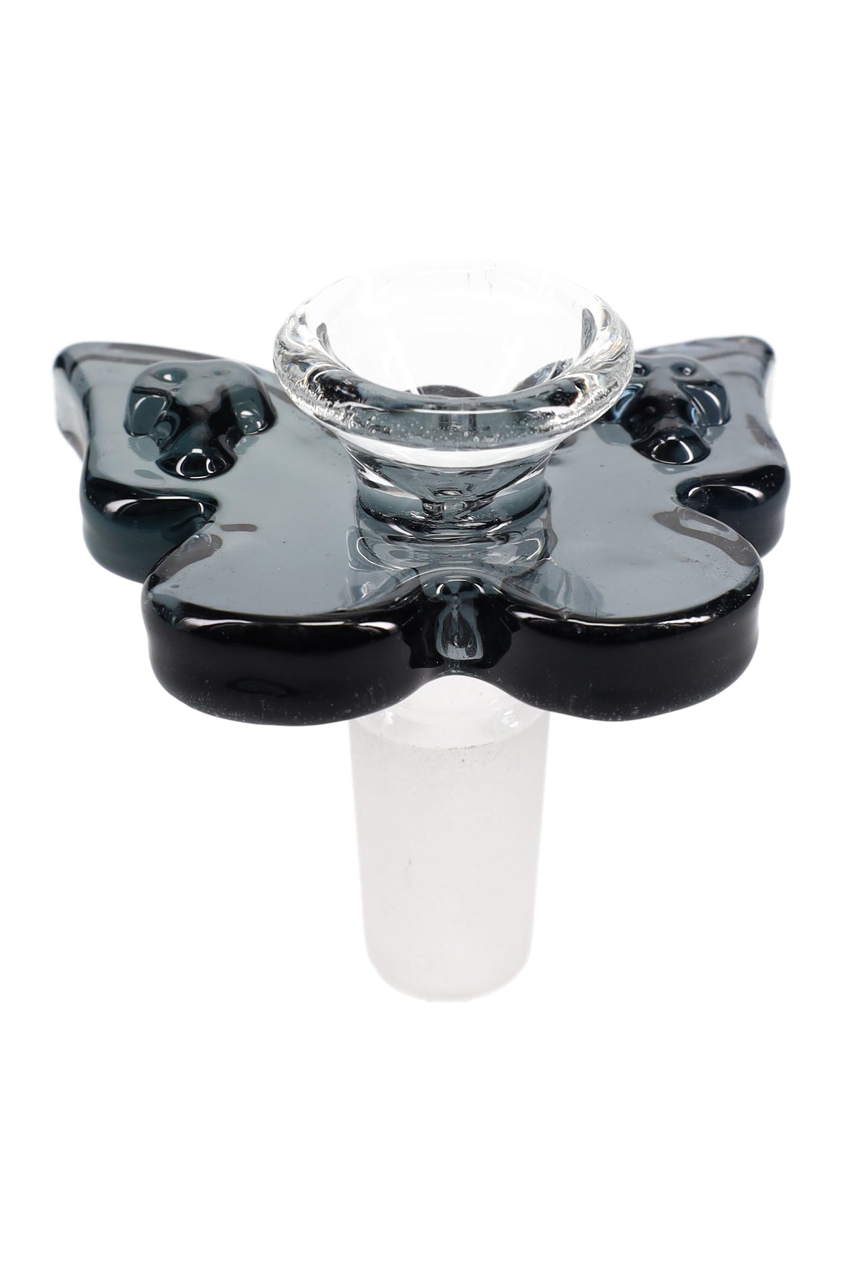 Smoke-gray butterfly glass bowl, 14.5 mm male frosted joint, clear cup with decorative wings that act as handles, front view.