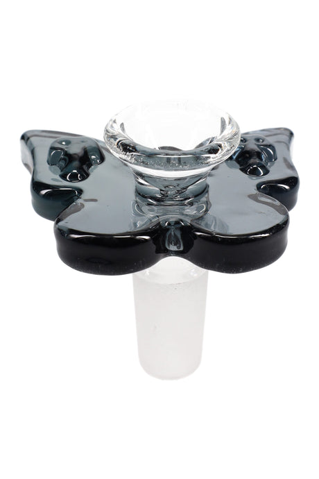 Smoke-gray butterfly glass bowl, 14.5 mm male frosted joint, clear cup with decorative wings that act as handles, front view.