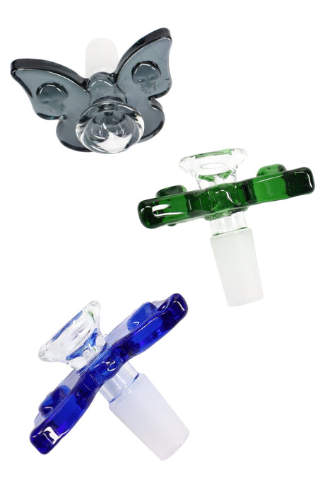 Three 14.5 mm male butterfly glass bowls—smoke, green, and blue—with frosted joints, shown angled on white; fun wing handles for easy grip.