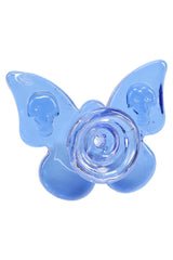 Light-blue butterfly head-on view highlighting sculpted wing details and central bowl opening, decorative 14.5 mm slide piece.