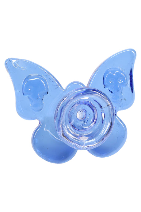 Light-blue butterfly head-on view highlighting sculpted wing details and central bowl opening, decorative 14.5 mm slide piece.