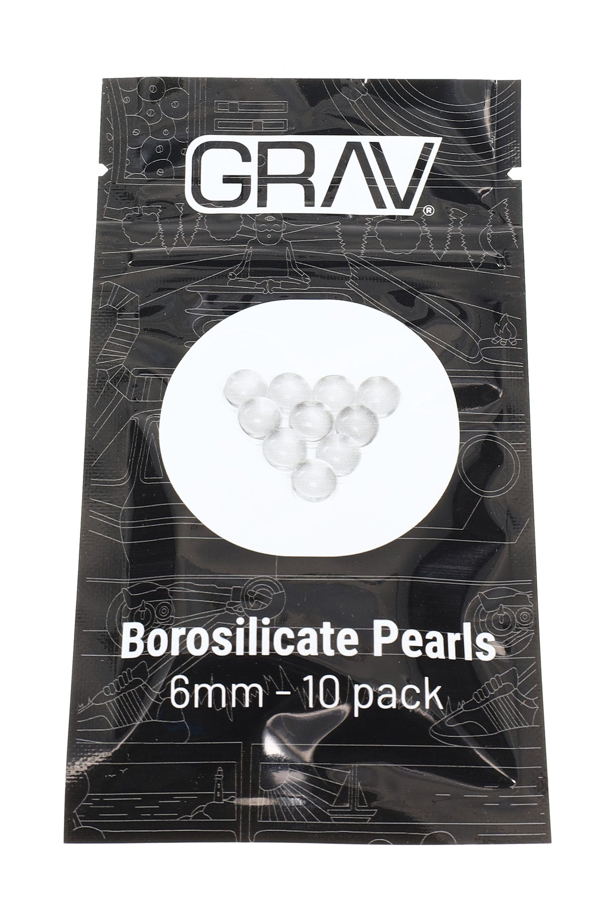 Retail pouch labeled “GRAV Borosilicate Pearls – 6 mm – 10 pack,” showing clear glass pearls through a windowed package front.