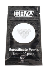 Retail pouch labeled “GRAV Borosilicate Pearls – 6 mm – 10 pack,” showing clear glass pearls through a windowed package front.