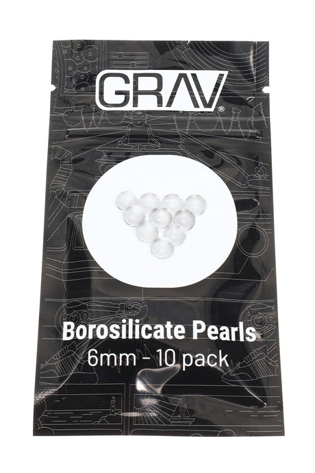 Retail pouch labeled “GRAV Borosilicate Pearls – 6 mm – 10 pack,” showing clear glass pearls through a windowed package front.