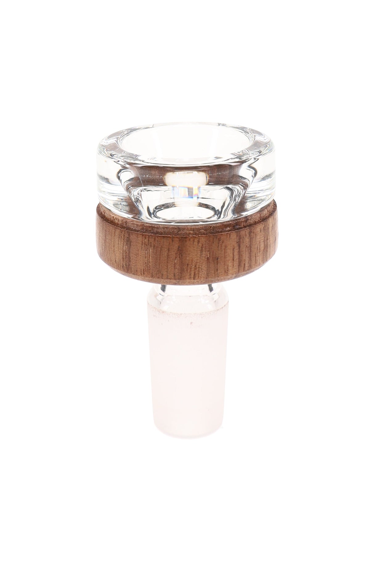 Clear MJ Arsenal Alpine flower bowl with black walnut accent ring and 14.5 mm male frosted joint, minimalist replacement bong bowl on white background.