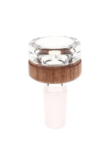 Clear MJ Arsenal Alpine flower bowl with black walnut accent ring and 14.5 mm male frosted joint, minimalist replacement bong bowl on white background.