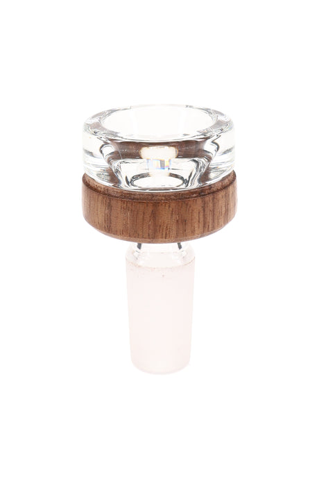 Clear MJ Arsenal Alpine flower bowl with black walnut accent ring and 14.5 mm male frosted joint, minimalist replacement bong bowl on white background.