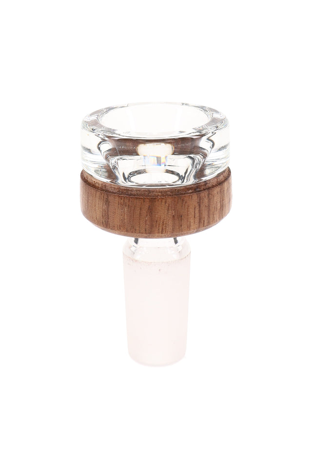 Clear MJ Arsenal Alpine flower bowl with black walnut accent ring and 14.5 mm male frosted joint, minimalist replacement bong bowl on white background.