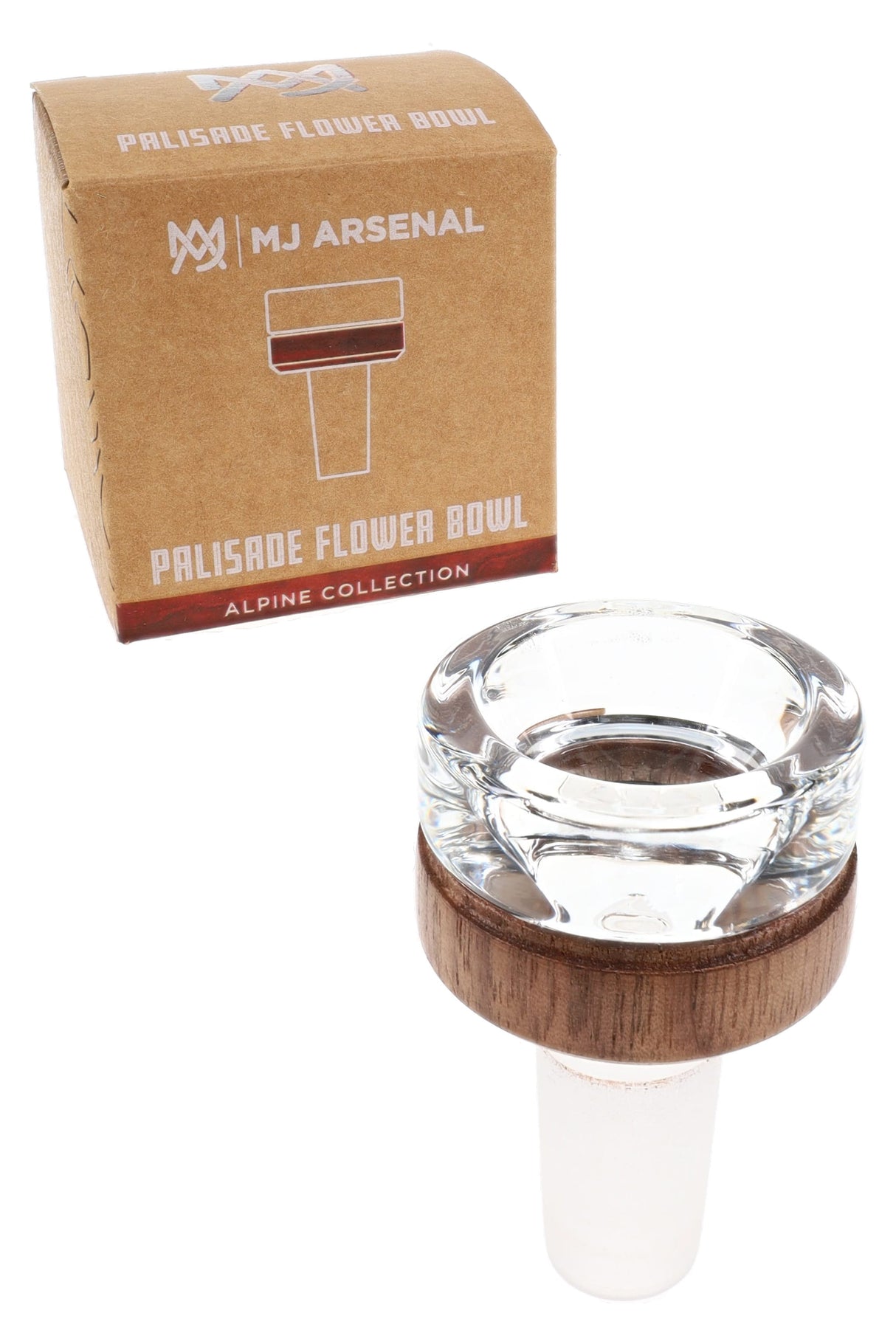 MJ Arsenal Alpine flower bowl shown beside kraft Palisade Flower Bowl Alpine Collection box, clear glass and walnut 14.5 mm male slide displayed together.