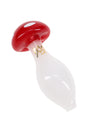 Red-and-white MJ Arsenal mushroom bubble carb cap with milky white stem and gold logo, whimsical borosilicate dab accessory on clean white background.