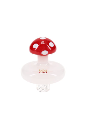 Red-and-white MJ Arsenal mushroom spinner carb cap with white disc base and clear vortex stem, borosilicate dab accessory standing upright on white background.