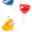 Colorful 14.5 mm male glass bowl with smiling cyclops face and big teeth, fun character slide for 14.5 mm female bongs