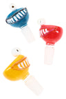Colorful 14.5 mm male glass bowl with smiling cyclops face and big teeth, fun character slide for 14.5 mm female bongs