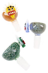 Speckled 14.5 mm male glass bowl with spiky monster face and bold teeth, whimsical replacement slide for water pipes