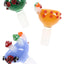 Green, orange and blue 14.5 mm male glass bowls with mushrooms and ladybugs, playful upgrade for 14.5 mm female bongs