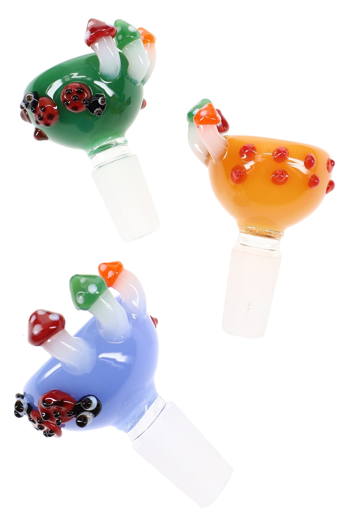 Green, orange and blue 14.5 mm male glass bowls with mushrooms and ladybugs, playful upgrade for 14.5 mm female bongs