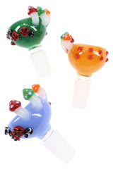 Green, orange and blue 14.5 mm male glass bowls with mushrooms and ladybugs, playful upgrade for 14.5 mm female bongs