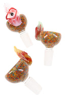 Frit 14.5 mm male glass bowl with sculpted eyeball and flame detail, bright slide for 14.5 mm female water pipe joints