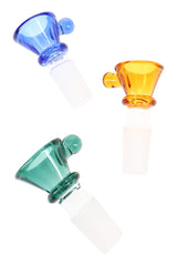 Blue, amber and teal 14.5 mm male glass bowls with round grip tabs, arranged as assorted glass bong replacement bowls