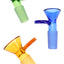 Green, blue and amber 14.5 mm male glass bowls with flat disc grips, shown as assorted bong slides for 14.5 mm female joints