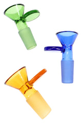 Green, blue and amber 14.5 mm male glass bowls with flat disc grips, shown as assorted bong slides for 14.5 mm female joints