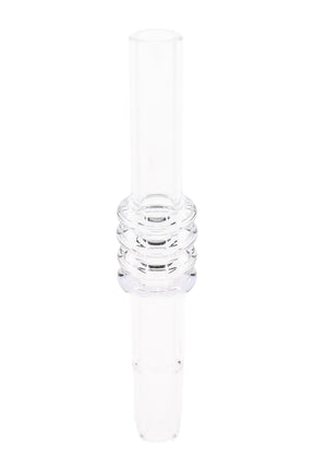 Clear quartz 10 mm dab straw nail with triple-ring grip section and tapered tip, upright on white background