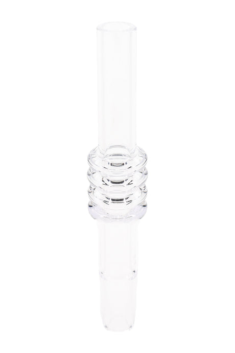 Clear quartz 10 mm dab straw nail with triple-ring grip section and tapered tip, upright on white background