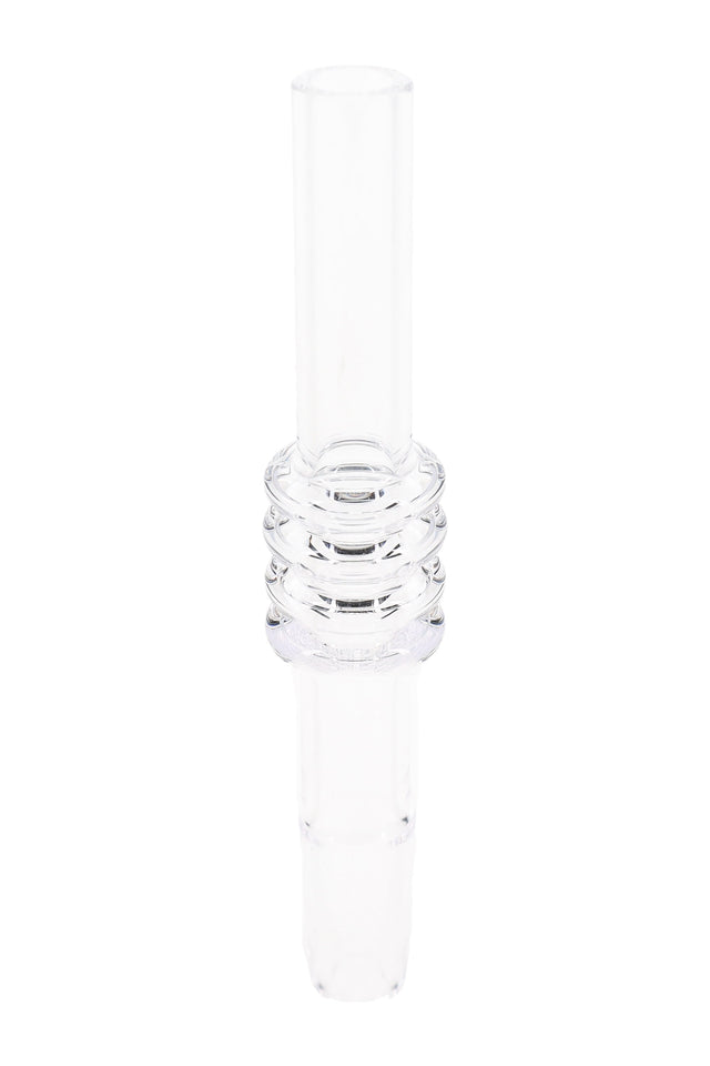 Clear quartz 10 mm dab straw nail with triple-ring grip section and tapered tip, upright on white background