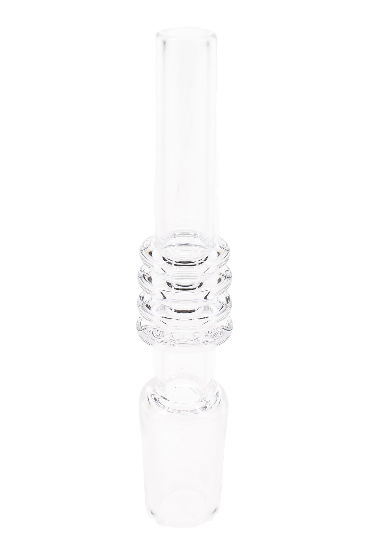 Clear quartz 14.5 mm dab straw nail with triple-ring grip section and frosted male joint, upright on white background