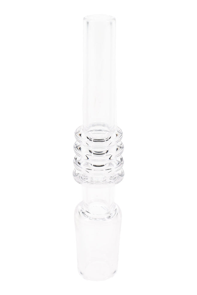 Clear quartz 14.5 mm dab straw nail with triple-ring grip section and frosted male joint, upright on white background