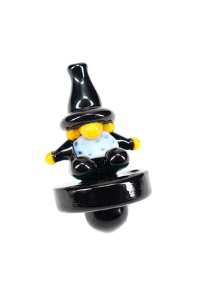 Colorful wizard character glass carb cap with black base, stands upright for airflow control on banger