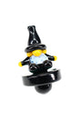 Colorful wizard character glass carb cap with black base, stands upright for airflow control on banger
