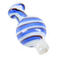 White glass bubble carb cap with blue spiral stripes, angled close-up showing rounded grip and glossy finish