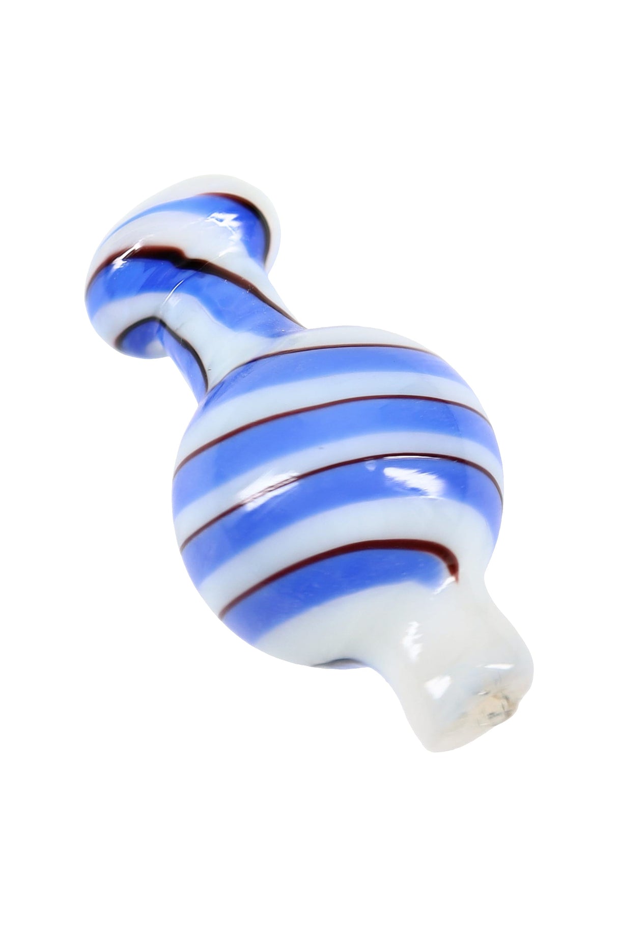 White glass bubble carb cap with blue spiral stripes, angled close-up showing rounded grip and glossy finish