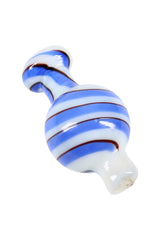 White glass bubble carb cap with blue spiral stripes, angled close-up showing rounded grip and glossy finish