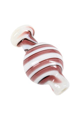 White glass bubble carb cap with plum spiral striping, side angle detail highlighting the colorful swirl accent
