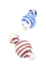 Two white glass spiral stripe carb caps in blue and plum, top view, bubble-style accessory for banger airflow control