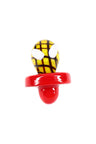 Yellow Spider Hero glass carb cap with web lines and red base, front view, novelty dab cap for quartz banger