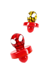 Two Spider Hero glass carb caps in red and yellow, character topper design, dab accessory for banger airflow control