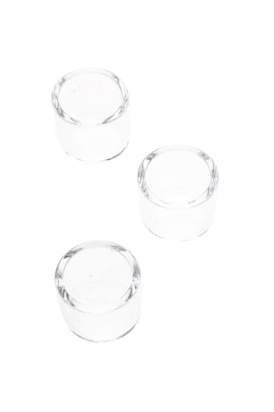 Three clear 19 mm quartz bucket inserts for dab rig bucket use, shown top-down on a white background