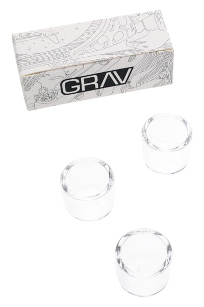 Clear quartz bucket inserts with GRAV retail box, 3-pack concentrate accessory shown in angled product view