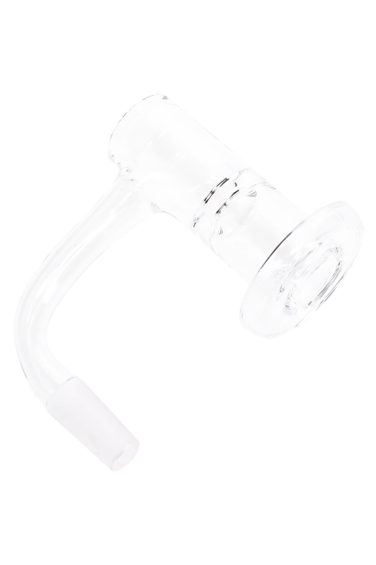 Clear quartz terp slurper banger with curved arm, flat dish, and frosted male joint on white background