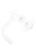 Clear quartz terp slurper banger with curved arm, flat dish, and frosted male joint on white background