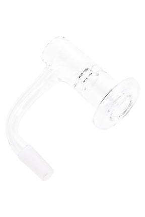 Clear quartz terp slurper banger with curved arm, flat dish, and frosted male joint on white background