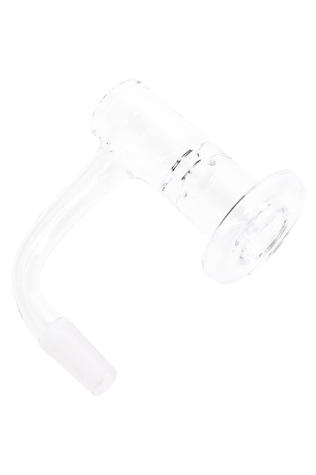 Clear quartz terp slurper banger with curved arm, flat dish, and frosted male joint on white background