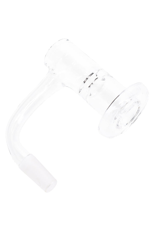 Clear quartz terp slurper banger with curved arm, flat dish, and frosted male joint on white background