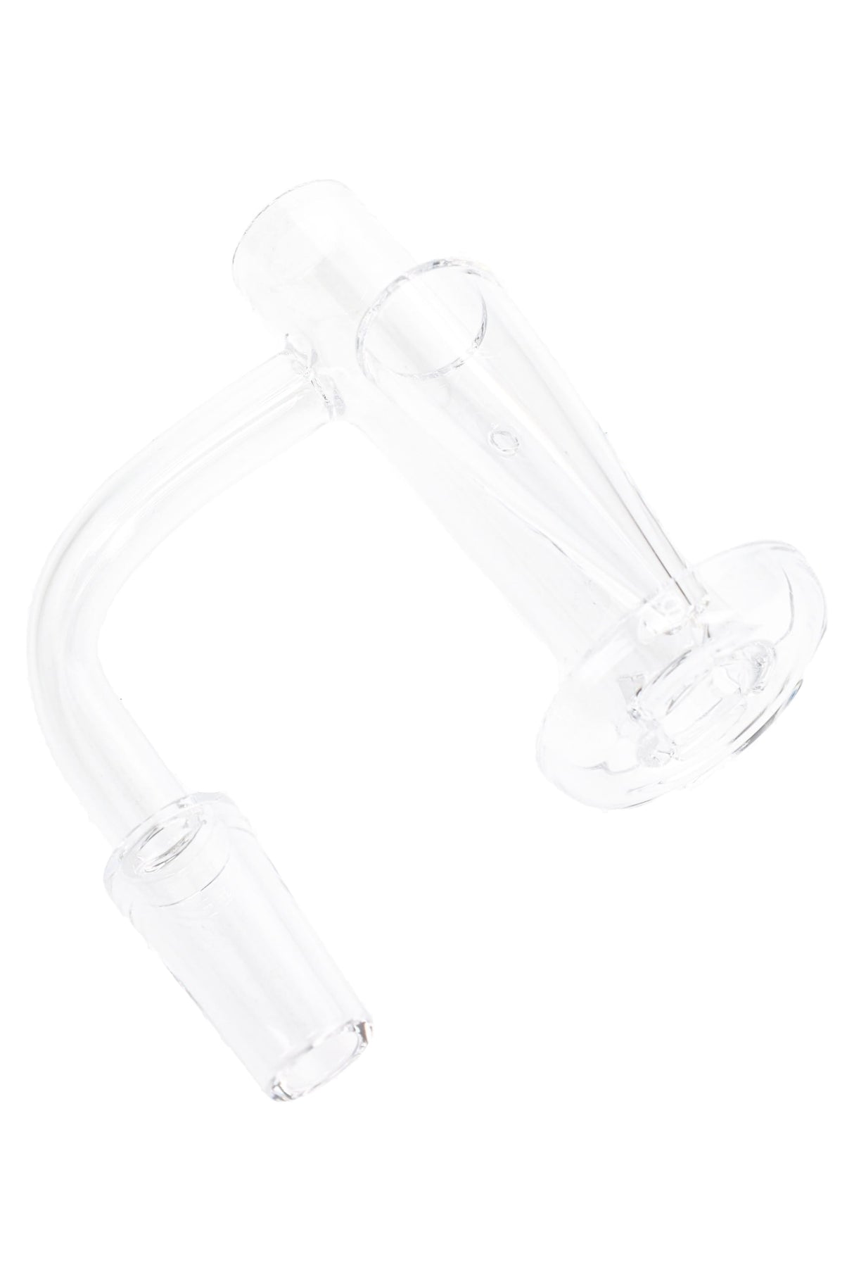Clear long neck quartz terp slurper banger with funnel slide, 14.5 mm male 90° joint, and flat dish