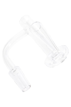 Clear long neck quartz terp slurper banger with funnel slide, 14.5 mm male 90° joint, and flat dish