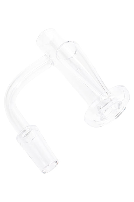 Clear long neck quartz terp slurper banger with funnel slide, 14.5 mm male 90° joint, and flat dish